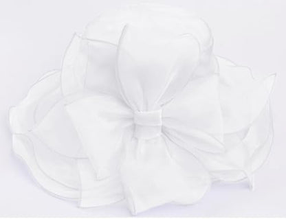 Women Derby Fascinator Hat Organza Church Wedding Hats Wide Brim Cocktail Tea Party Hat - color: 039 White