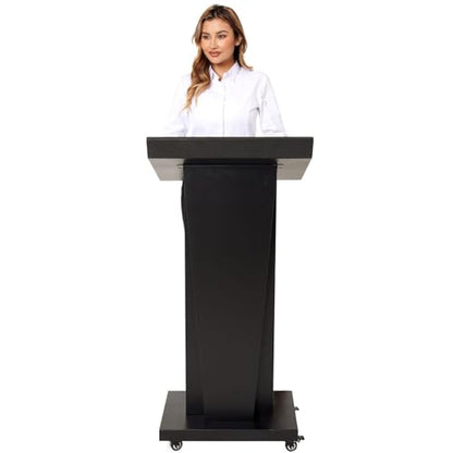 Podium Stand with 4 Locking Wheels, Lecterns & Podiums for Church School Office Conference Home, Heavy Duty Metal, Large Storage Area, Slant Desktop, 50.4" H - color: Executive Angled Metal - Black