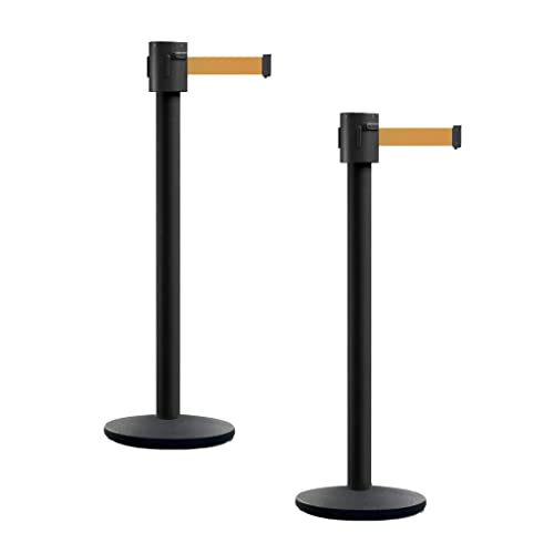 Montour Line MI760 Retractable Belt Barrier Stanchions, Set of 2 | 35 Ft Brown Belt, Black Powder Coated Posts and Cast Iron Bases. - color: Brown, size: Black Powder Coated