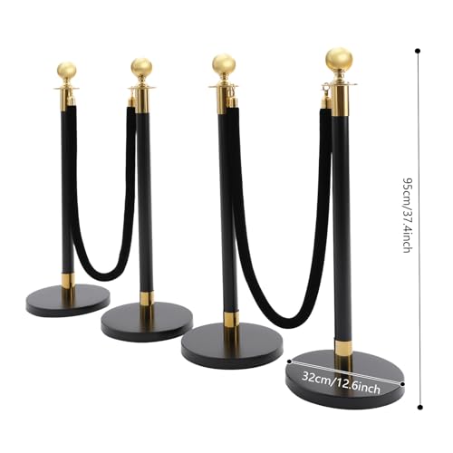 4Pcs Stainless Steel Stanchion Post with Ball Top, Crowd Control Barriers with 2 Pcs 5FT Black Velvet Carpet Ropes, Safety Barriers Set for Party (Gold+Black) - color: Gold+Black, size: 4PCS
