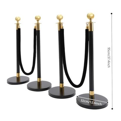 4Pcs Stainless Steel Stanchion Post with Ball Top, Crowd Control Barriers with 2 Pcs 5FT Black Velvet Carpet Ropes, Safety Barriers Set for Party (Gold+Black) - color: Gold+Black, size: 4PCS