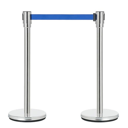DuraSteel Chrome Crowd Control Barriers Stanchions with Retractable Belts - Metal Stanchion Posts w/ 6.5ft Blue Retractable Barrier Belt Ropes - Queue VIP Safety Line Dividers - Set of 2 Stantions - color: Blue Belt, style: Silver Stanchion 2 Pcs Set
