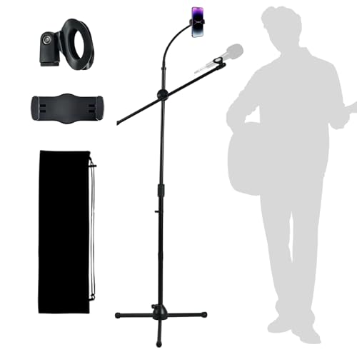 Microphone Floor Stand, Mic Stand Floor with Phone Holder Height Adjustable, Heavy-duty Tripod Stable Stand with Boom Arm Dual Device Mount for Streaming, Podcasting, Recording, and Live Performances - color: Mic Phone Stand