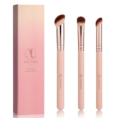 Makeup Brush Set, 3Pcs Face Makeup Brushes for Foundation, Concealer, Contour, Blush and Powder, Angled Foundation Brush and Flat Top Makeup Brush with Soft Synthetic Bristles, Pink - color: PINK-A203