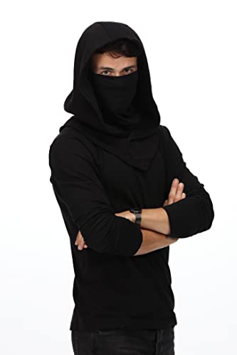Assassin Hood and Mask Cotton Ninja Balaclava Adaptable Hoodie Casual Ren Faire Cosplay LARP Costume Cowl - color: Black