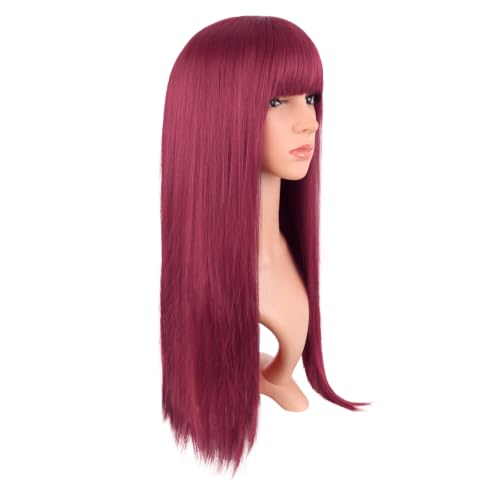 MapofBeauty 24 Inch Long Straight Flat Bangs Party Cosplay Wig, Blood Red | 60 cm Synthetic Hair Wig, Heat Resistant, Women - color: Blood red