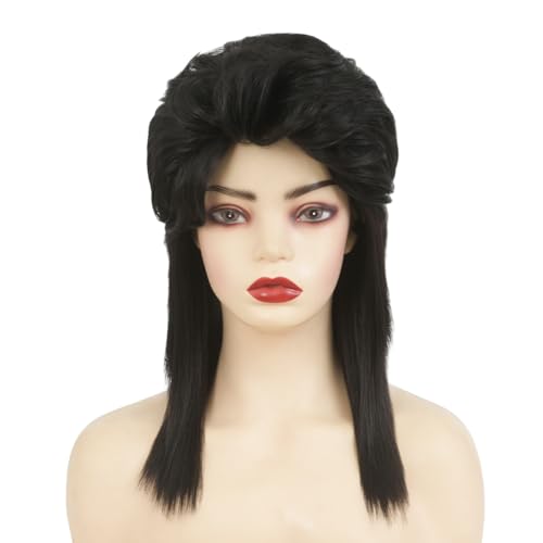 Black Mullet Wigs with Bangs for Women 80s Wigs Natural Looking Synthetic Shoulder Length Hair Cosplay Daily Wig (Black) - color: Natural Black
