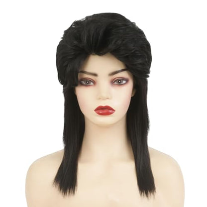 Black Mullet Wigs with Bangs for Women 80s Wigs Natural Looking Synthetic Shoulder Length Hair Cosplay Daily Wig (Black) - color: Natural Black
