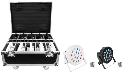 Rockville Battery PAR 50 RGB DJ Wash Up-Light 10-Pack with Charging Case | 8-10-Hour Rechargeable Battery, 4400mAh, 7-Channel DMX, XLR In/Out, 5 Black and 5 White, Remotes, Sound Activated, 11-Items