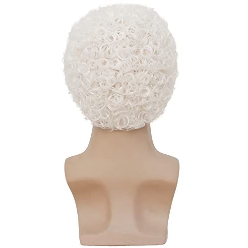 Swiking Mens Short White Afro Curly Wig for Male Guy Rocker Wig California Halloween Cosplay Costume Daily Wigs (White) - color: White