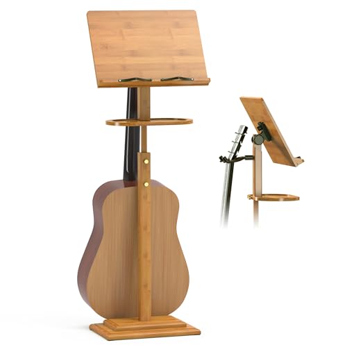 Sheet Music Stands-Bamboo Music Stand for Sheet Music& Desktop Book Stand With Tray Guitar Clip,Wooden Music Stand Portable Height Adjustable 39.37”to 51.2”Folding Holder Guitar Ukulele BassMusic - color: Tray + Guitar Clip+natural