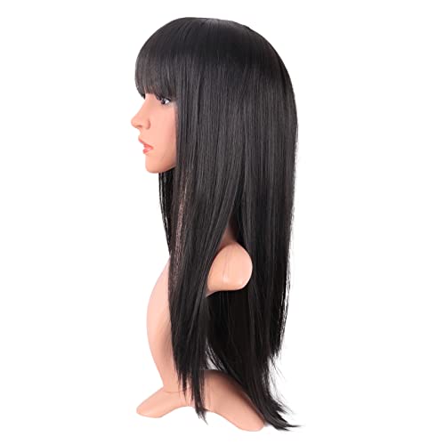 MapofBeauty 24 Inch Long Straight Flat Bangs Party Cosplay Wig, Black | 60 cm Synthetic Hair Wig, Heat Resistant, Women - color: Black