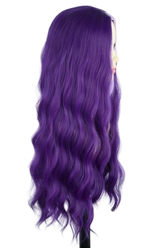Women Synthetic Long Wavy Wig Purple Hair with Single Purple Pink Streak Gothic Vampire Cosplay Wig Halloween Carnival Costume Party Wigs | Halloween Party, Cosplay Costume, Gothic Style, Vampire Theme - color: Purple/