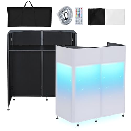 Kokorona Portable DJ Booth 20"x42.5"x45.3" with Dual Top Corners, DJ Facade Booth with Cable Hole, DJ Table Stand with Light Strip and Remote Control, Metal Frame + Black & White Scrims + Carry Bag - size: Double Layer - 43"L x 20"W