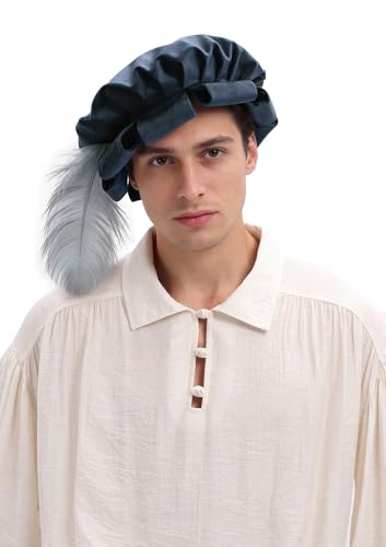 Renaissance Roll Hem Beret for Men Medieval Tudor Slit Hat with Feather Fantasy Costume Accessories - color: Blue