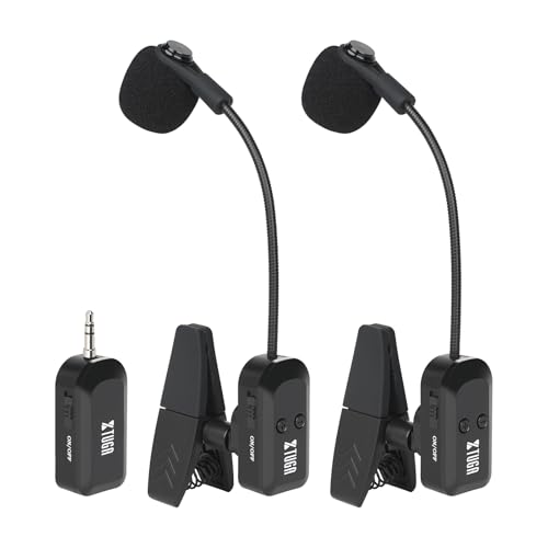 XTUGA Wireless Saxophone Microphone System 2.4G Rechargeable Clip-On Wireless Instrument Microphone, Trumpet, Trombone Brass, 6 Hours Battery (KX-721-2)