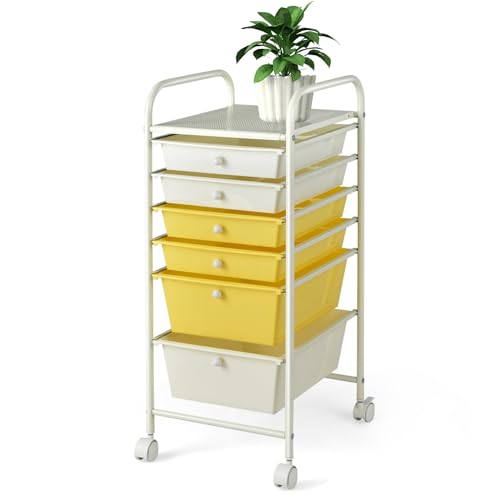 Happygrill 6-Drawer Organizer Cart Tools, Mobile Utility Storage Cart with Removable Drawers & Lockable Wheels, Rolling Storage Cart with Wheels for Home Office,Yellow - color: Yellow