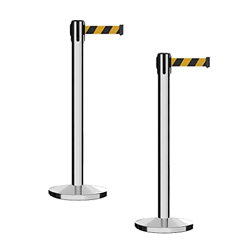 Montour Line MI650 Set of 2 Retractable Belt Barrier Stanchion, Cast Iron Base, Polished Stainless Steel Post (14 ft Black and Yellow Diagonal Belt) - color: Black and yellow diagonal, size: Polished Stainless Steel