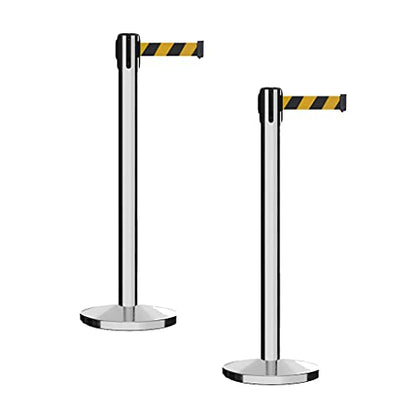 Montour Line MI650 Set of 2 Retractable Belt Barrier Stanchion, Cast Iron Base, Polished Stainless Steel Post (14 ft Black and Yellow Diagonal Belt) - color: Black and yellow diagonal, size: Polished Stainless Steel