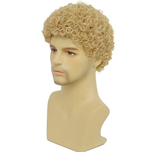 Swiking Mens Curly Afro Wigs Light Blonde Short Wig California Halloween Cosplay Replacement Wigs Rocker Wig for Male Guy(Light Blonde) - color: Light Blonde