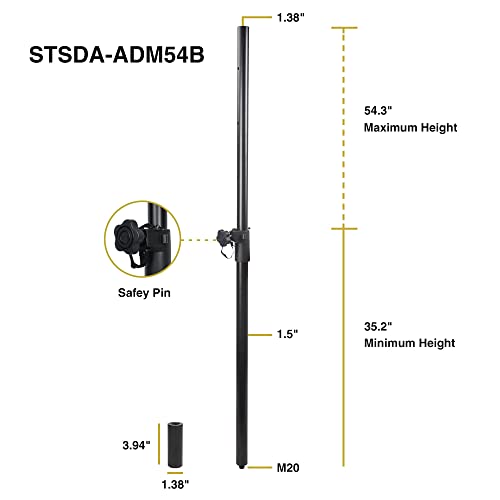 Sound Town 2-Pack Adjustable Height Subwoofer/Speaker Poles (35"-54") with M20 Threaded Lower End & 35mm Adaptor, 132 LB Load Capacity, Black (STSDA-ADM54B-PAIR) - size: Height-Adjustable (M20 & 35mm Adapters)
