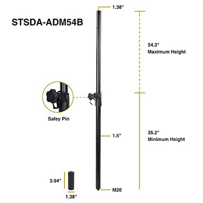 Sound Town 2-Pack Adjustable Height Subwoofer/Speaker Poles (35"-54") with M20 Threaded Lower End & 35mm Adaptor, 132 LB Load Capacity, Black (STSDA-ADM54B-PAIR) - size: Height-Adjustable (M20 & 35mm Adapters)
