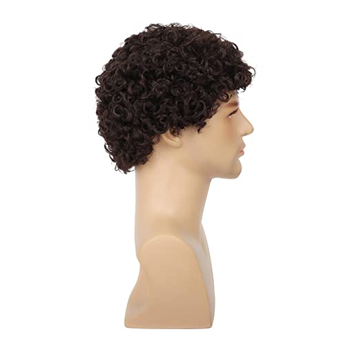 Swiking Mens Brown Afro Curly Wig Rocker Wig Dark Brown Short Hair Replacement Wigs Cosplay Daily Costume Wigs for Male Guy(Dark Brown) - color: Dark Brown
