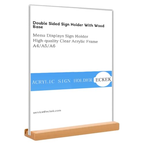 Acrylic Sign Holder (Vertical A4 210×297mm/8.27×11.69 inches | A4/A5/A6 Menu Displays, Double Sided Wood Base Table Top Sign Stand