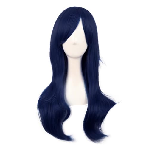 MapofBeauty 28 Inch Long Curly Hair Costume Cosplay Wig, Midnight Blue | 70 cm Wig, Women, Side Bangs, Fashion - color: Midnight Blue