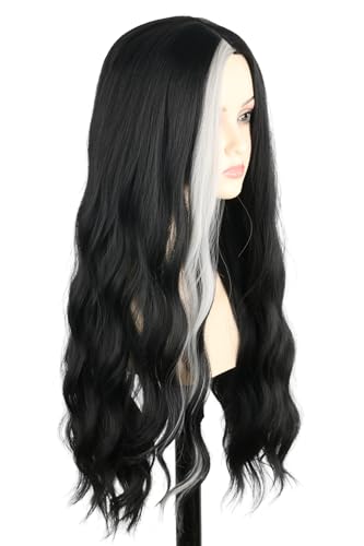 Women Long Wavy Black with Single White Streak Wig Gothic Vampire Cosplay Synthetic Hair Wig for Halloween Costume Party | Halloween Party, Cosplay Costume, Gothic Style, Vampire Theme - color: Black/White