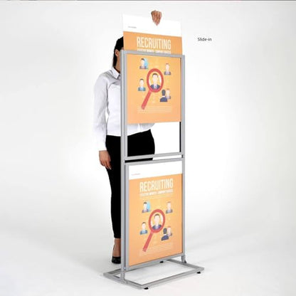M&T Displays Metal Eco Info Board, Silver 18x24 Inches Slide-In Poster Sign Holder 2 Tier Double Sided Floor Standing Pedestal Advertising Display with Backing and Anti-Glare Lens - color: Silver, size: 18x24 - 2-tier