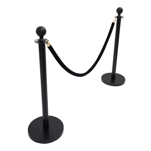 4 Pcs Stanchion Posts Queue with 5 Feet Velvet Ropes, Crowd Control Barriers Ball Top Stanchion Post Red Carpet Runner Poles Black for Party Theater Hotel Weddings Museums - color: Black