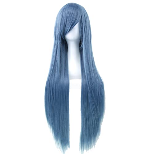80cm Long Straight Natural Hair Cosplay Wigs with Bangs Colorful Halloween Costume Party Wig for Women (Navy Blue) - color: Navy Blue