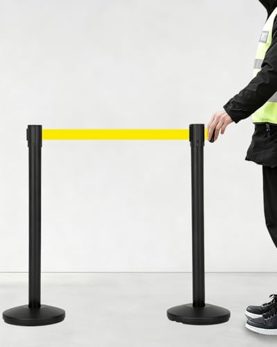 Commercial Retractable Belt Stanchion Set (2 Pack), Crowd Control Barrier with Heavy-Duty Metal Bases & 6.6ft Yellow Ropes, Carbon Steel Queue Post for Line Divider in Hotel, Theater and Concert - color: Yellow, size: 2 Pack