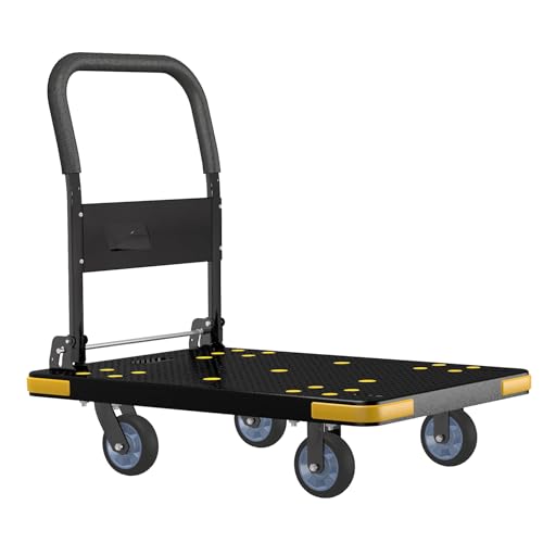 Medium-Duty Foldable Platform Cart with 4 Wheels & 1323LB Capacity - 2 Swivel & 2 Fixed Wheels, Compact Push Cart Dolly Black Plastic Trolley, 5-Inch Wheels, Spare Tire & Anti-Collision Corners - color: 1323lb Capacity
