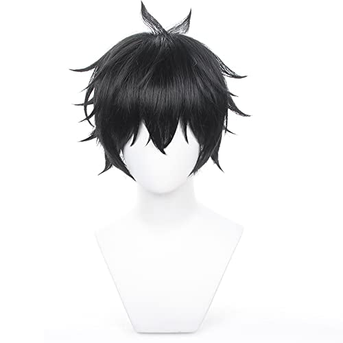 Anime Black Short Wigs with Bangs Men Short Straight Wig Layered Haircut Wig Game Dragon Lunae Cosplay Wigs Halloween,Christmas,Comic con,Game Show,Party - color: Black Green