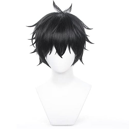 Anime Black Short Wigs with Bangs Men Short Straight Wig Layered Haircut Wig Game Dragon Lunae Cosplay Wigs Halloween,Christmas,Comic con,Game Show,Party - color: Black Green