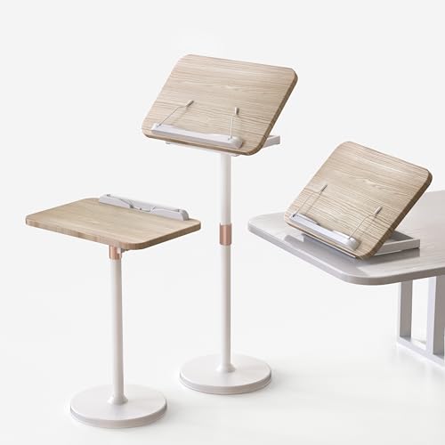 2-in-1 Floor & Desktop Book Stand with Large 16.5"x11.8" Wood Panel | Height Adjustable 16.5"-51" Ergonomic Book Holder with Page Clips for Textbooks, Music Sheets, Recipes, Laptops (White) - color: White