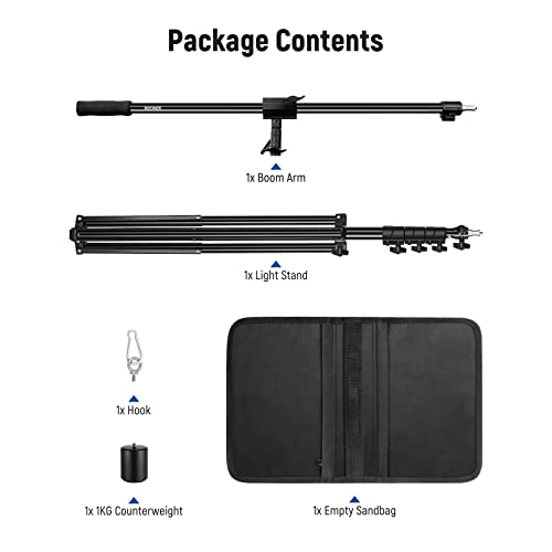 NEEWER Air Cushioned Aluminum Light Stand, 9.8ft/3m Adjustable Photography Stand with Boom Arm, Counterweight, Sandbag, 1/4" Screw for Softbox, Studio Flash, Umbrella, Ring Light, Max Load 5kg - size: 300cm w/Boom Arm