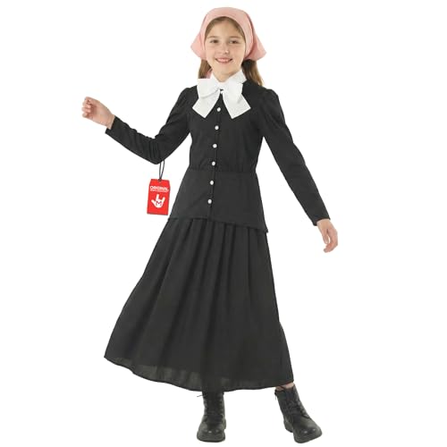 Morph, Harriet Tubman Costume Kids, Halloween Costumes for Kids | Long Black Prairie Dress with Peplum Waist, Detachable Bow Collar Included, Perfect for Halloween, Fun for Dressing Up - size: Medium