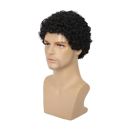 Swiking Mens Curly Afro Wigs Short Black Wig for Male Guy Rocker Wig California Halloween Cosplay Costume Full Wigs（Black） - color: Black