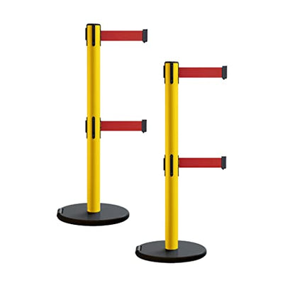 MSE630D 2 Retractable 13 Ft Red Dual Belt Barrier Stanchions | Rolling Base and Yellow Steel Post - color: Red
