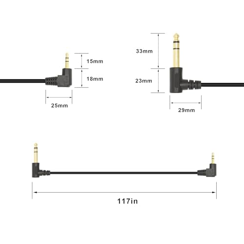 90 Degree 1/8 to 1/4 Stereo Audio Cable, Right Angle 3.5mm TRS Male to 6.35mm TRS Male Aux Cord for Guitar, Keyboard Piano, Laptop, Speaker and Amplifiers (117in) - size: 117in/297cm