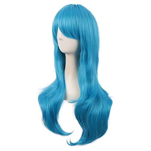 MapofBeauty 28 Inch Long Curly Hair Costume Cosplay Wig, Cyan Blue | 70 cm Wig, Women, Side Bangs, Fashion - color: Cyan Blue