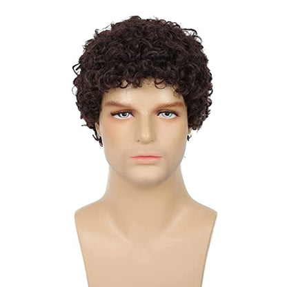 Swiking Mens Brown Afro Curly Wig Rocker Wig Dark Brown Short Hair Replacement Wigs Cosplay Daily Costume Wigs for Male Guy(Dark Brown) - color: Dark Brown