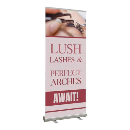 Lashes & Brows Retractable Stand Banner by DC | 33"x81" Roll-Up Display | Lush Lashes Perfect Arches Await Vertical Pull-Up Banner for Trade Shows & Events | Made in USA | (Stand Not Included) - color: Lush Lashes Perfect Arches Await, size: Retractable B