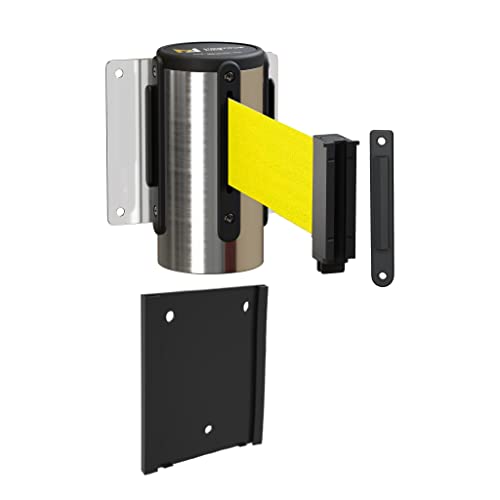 Montour Line WM115 Wall Mounted Retractable Belt Barrier with Standard Belt End, Removable Mount, Polished Stainless Steel Casing (8.5 ft Fluorescent Yellow Belt) - color: Fluorescent Yellow, size: 8.5 ft