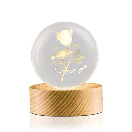 Flexzion 3D Rose Crystal Ball Night Light - LED Light Hologram Glass Lamp with Solid Wood Base, USB Powered Crystal Ball Lamp with Adjustable Brightness for Home Decor Display Gift, 2.4inch(60mm) | Rose Lamp with Solid Beech Wood Base and Adjustable Brigh