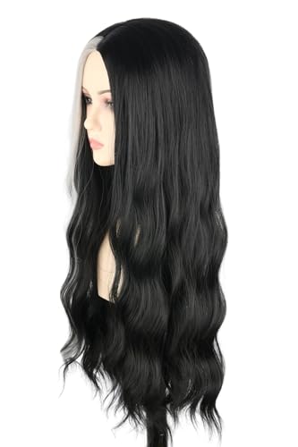 Women Long Wavy Black with Single White Streak Wig Gothic Vampire Cosplay Synthetic Hair Wig for Halloween Costume Party | Halloween Party, Cosplay Costume, Gothic Style, Vampire Theme - color: Black/White