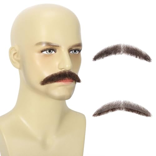 Parceria Human Hair Curly Fake Beard and Mustache, Natural Looking Costume Facial Hair, Realistic Mustache Trimmable and Customizable Beard Invisible Lace for Men (QSH Brown Beard) - color: QSH Brown Beard
